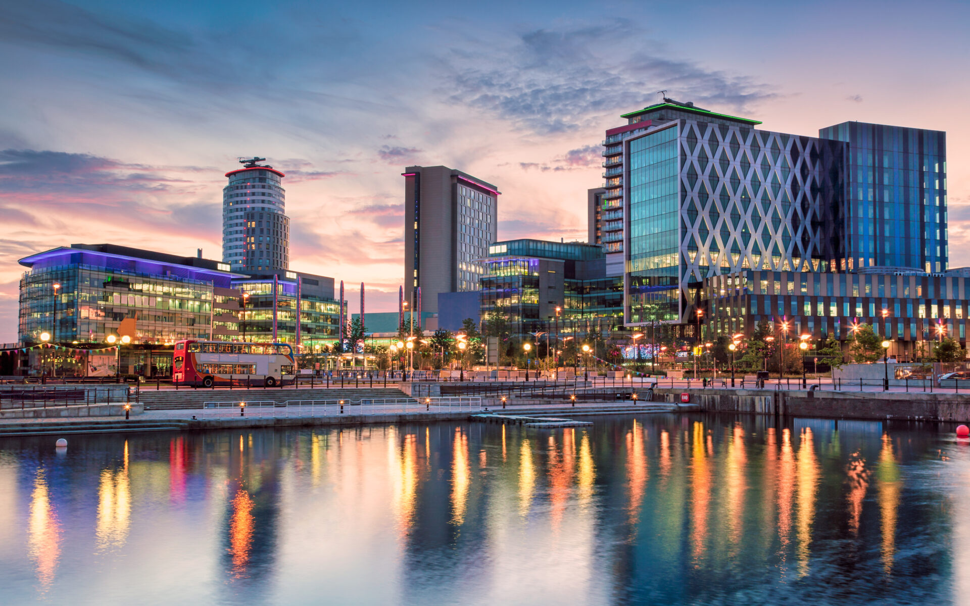 Waterfront view of Media City at Salford Quays home of Knight Knox